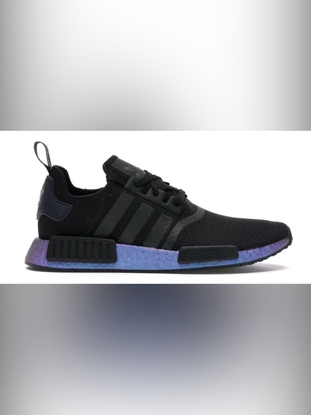 adidas NMD Black Knit Sneaker with Purple-Blue Iridescent Midsole